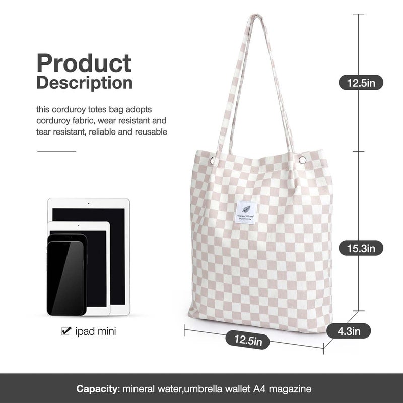 LHMTQVK Corduroy Tote Bags for Women  Large Capacity Corduroy Bag Reusable Grocery Shoulder Bag with Inner Pockets(Beige checkerboard) - Image 2